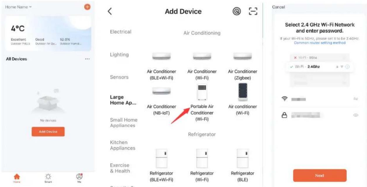 Home Name 4°C Excellent Good 52.0% Outdoor PM2.6 Outdoor Air Qo... Outdoor Hamid... All Devices Add Device Electrical Air Conditioning Lighting Air Conditioner Air Conditioner Air Conditioner Sensors (BLE+Wi-Fi) (Wi-Fi) (Zigbee) Large Home Ap... Air Conditioner Portable Air (NB-IoT) (Wi-Fi) (Wi-Fi) Small Home Appliances Refrigerator Kitchen Appliances Exercise & Health Refrigerator (BLE+Wi-Fi) (Wi-Fi) (BLE) Security & Cancel Select 2.4 GHz Wi-Fi Network and enter password. If your Wi-Fi is 5GHz, please set it to be 2.4GHz. Common router setting method × Wi-Fi - 5GHz ✓ Wi-Fi - 2.4GHz Next