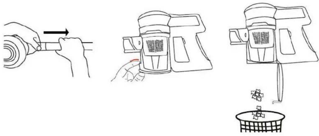 Illustration showing three steps of a hand using a tool to lift a motor, then to clean a basket with a brush.