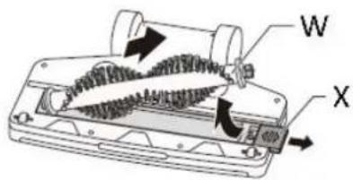 Technical diagram of a mechanical device with labeled parts W and X, showing internal components and directional arrows.
