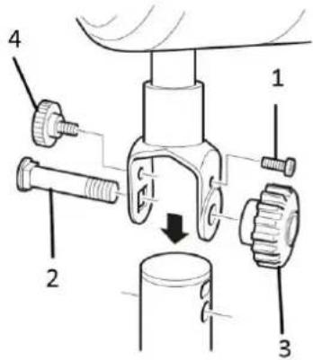 Technical diagram of a mechanical assembly with numbered components and a downward arrow indicating motion or force direction.