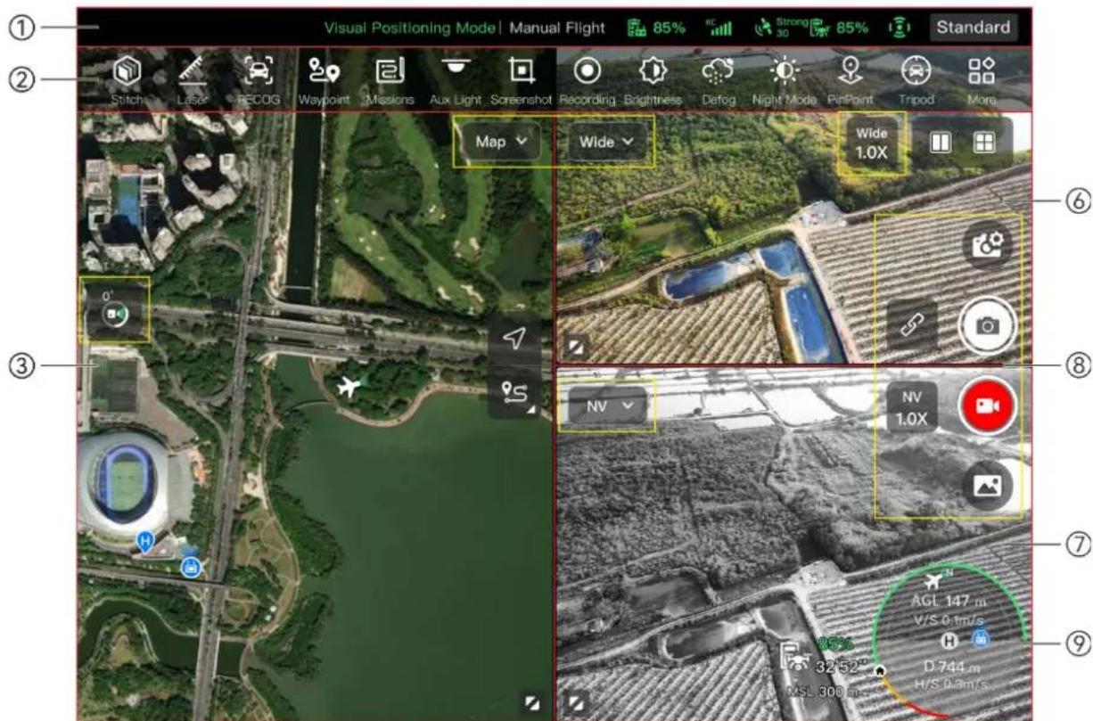 Visual Positioning Mode | Manual Flight 85% 85% Strong 30 85% Standard Stitch Laser RECOG Waypoint Missions Aux Light Screenshot Recording Brightness Defog Night Mode PinPoint Tripod More Map Wide Wide 1.0X NV NV 1.0X AGL 147 m V/S 0.1m/s 32°52" D 744 m H/S 0.3m/s MSL 300 m