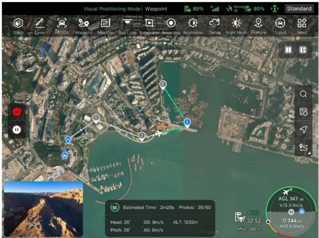 Visual Positioning Mode | Waypoint 85% RC Strong 85% Standard Stitch Laser REOG Waypoint Missions Aux Light Screenshot Recording Brightness Defog Night Mode PinPoint Tripod More S E S ② ③ Estimated Time: 2m26s Photos: 35/60 Head: 26° GS: 8m/s ALT: 1232m Pitch: 26° AS: 8m/s MSL 300 m AGL 147 m V/S 0.1m/s D 744 m H/S 0.3m/s