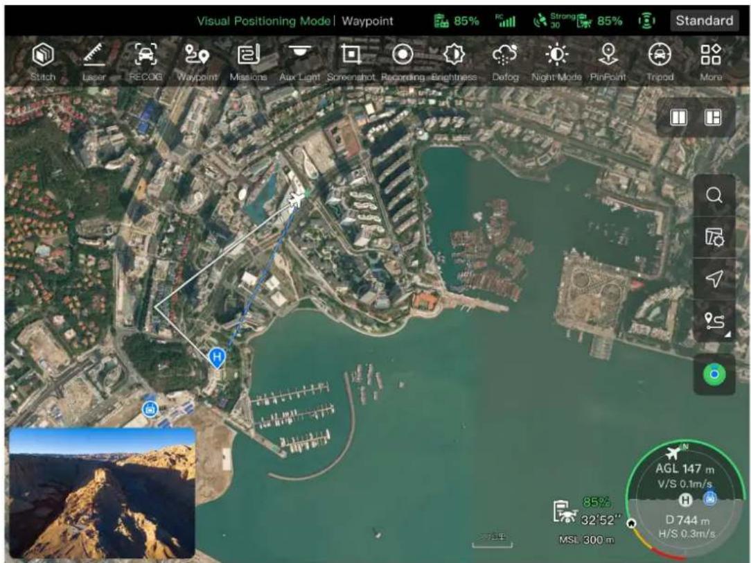 Visual Positioning Mode | Waypoint 85% RC Strong 85% Standard Stitch Laser RECOG Waypoint Missions Aux Light Screenshot Recording Brightness Defog Night Mode PinPoint Tripad More AGL 147 m V/S 0.1m/s D 744 m H/S 0.3m/s 85% 32°52" MSL 300 m