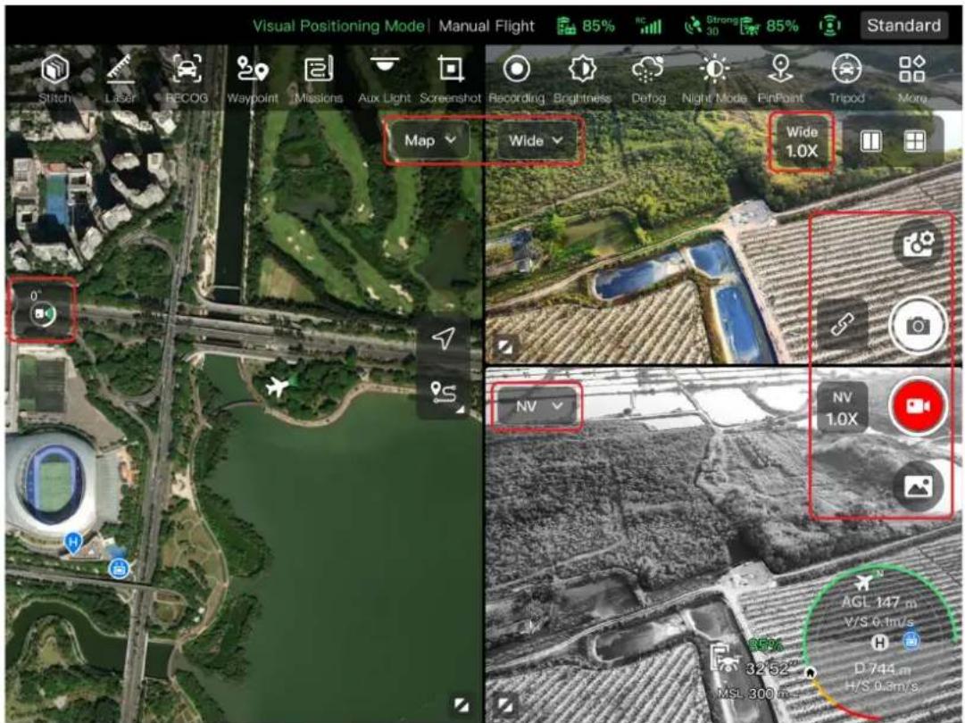 Visual Positioning Mode | Manual Flight 85% Stitch Laser RECOG Waypoint Missions Aux Light Screenshot Recording Brightness Defog Night Mode FinPoint Tripod More Map Wide Wide 0° NV NV 32.52 AGL 147 m V/S 0.1m/s D 744 m H/S 0.3m/s MSL 300 m