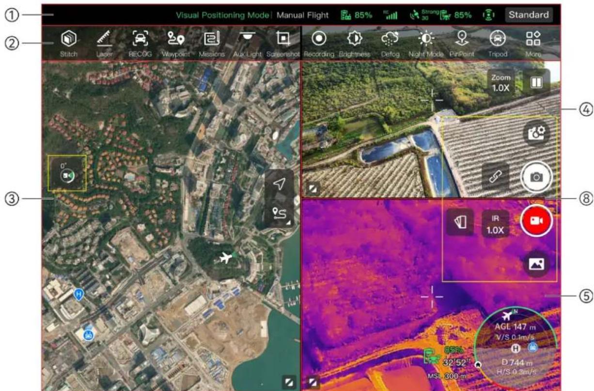 Visual Positioning Mode | Manual Flight 85% Stitch Laser RECOG Waypoint Missions Aux Light Screenshot Recording Brightness Defog Night Mode PinPoint Tripod More Zoom 1.0X IR 1.0X AGL 147 m V/S 0.1m/s D 744 m H/S 0.3m/s MSL 300 m
