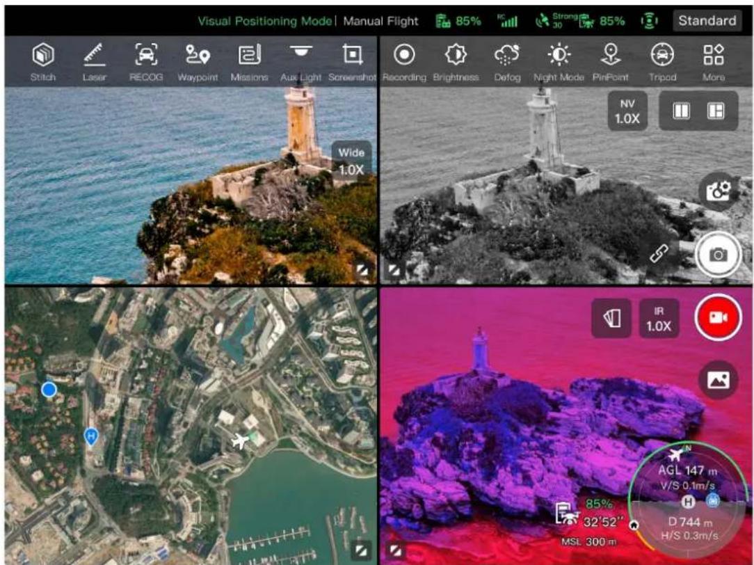 Visual Positioning Mode | Manual Flight 85% RC Strong 85% Standard Stitch Laser RECOG Waypoint Missions Aux Light Screenshot Recording Brightness Defog Night Mode PinPoint Tripod More Wide 1.0X NV 1.0X IR 1.0X AGL 147 m V/S 0.1m/s D 744 m H/S 0.3m/s 85% 32'52" MSI 300 m