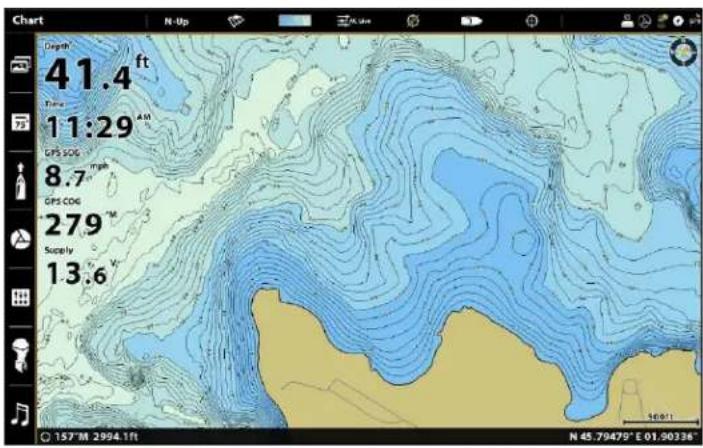 Chart N-Up Depth 41.4 ft Time 11:29 AM GPS SOG 8.7 gm GPS COG 279 m Supply 13.6 157°M 2994.1ft N 45.79479° E 01.90336°