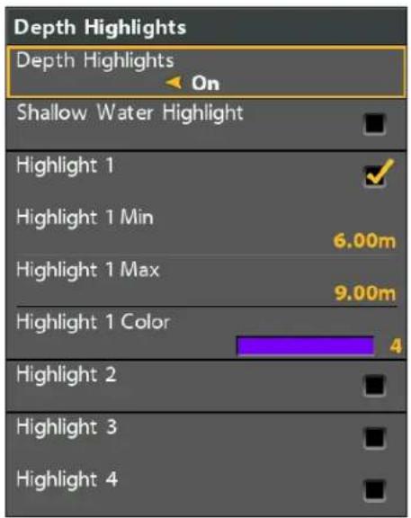 Depth Highlights Depth Highlights On Shallow Water Highlight Highlight 1 Highlight 1 Min 6.00m Highlight 1 Max 9.00m Highlight 1 Color 4 Highlight 2 Highlight 3 Highlight 4