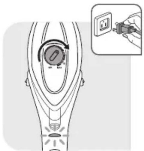 Diagram showing a hand inserting a power outlet into a device, with an inset illustrating the electrical switch.