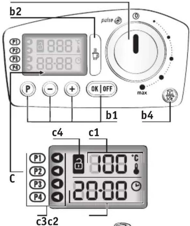 b2 P1 P2 P3 P4 888 88-88 pulse 0 P - + OK | OFF max ice b1 b4 c4 c1 c P1 P2 P3 P4 100 °C 20.00 c3c2