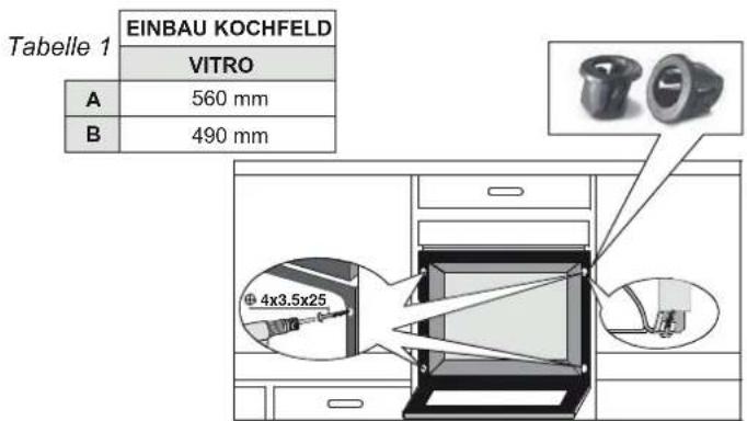 Tabelle 1 EINBAU KOCHFELD VITRO A 560 mm B 490 mm Φ 4x3.5x25