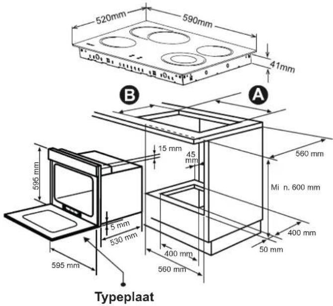 520mm 590mm 41mm B A 15 mm 45 mm Mi n. 600 mm 560 mm 595 mm 530 mm 400 mm 50 mm 595 mm 400 mm 560 mm Typeplaat