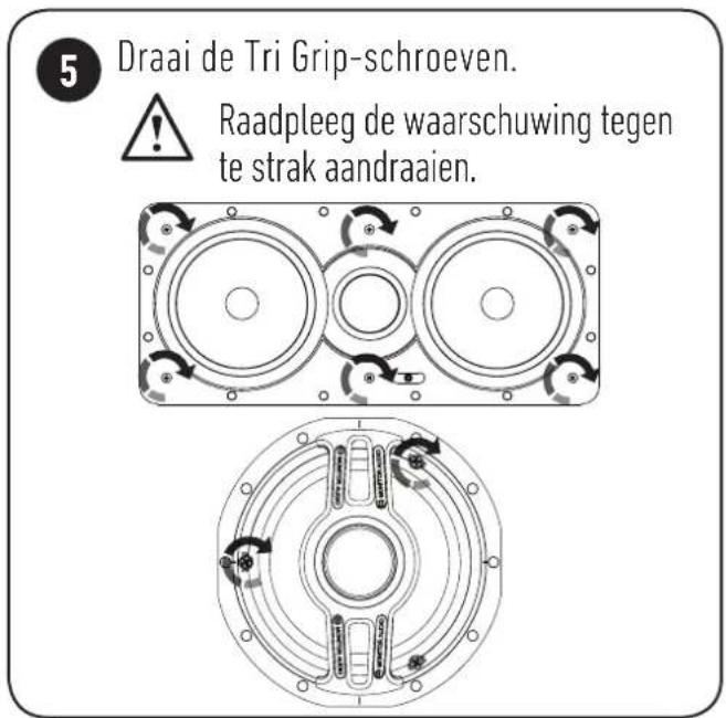 5 Draai de Tri Grip-schroeven. ⚠️ Raadpleeg de waarschuwing tegen te strak aandraaien.
