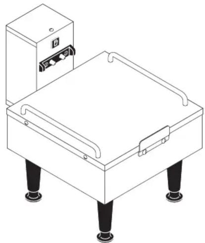 Technical line drawing of a rectangular electronic device with mounting legs and control panel (no text or symbols)