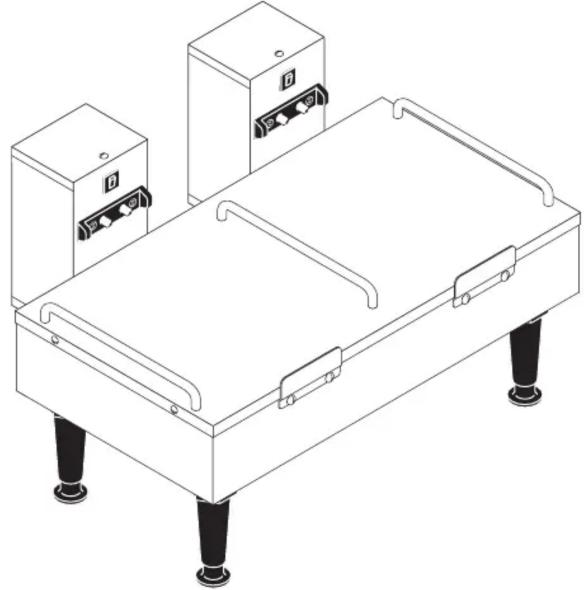 Isometric line drawing of a rectangular electronic device with four mounting legs and two control panels (no text or symbols)