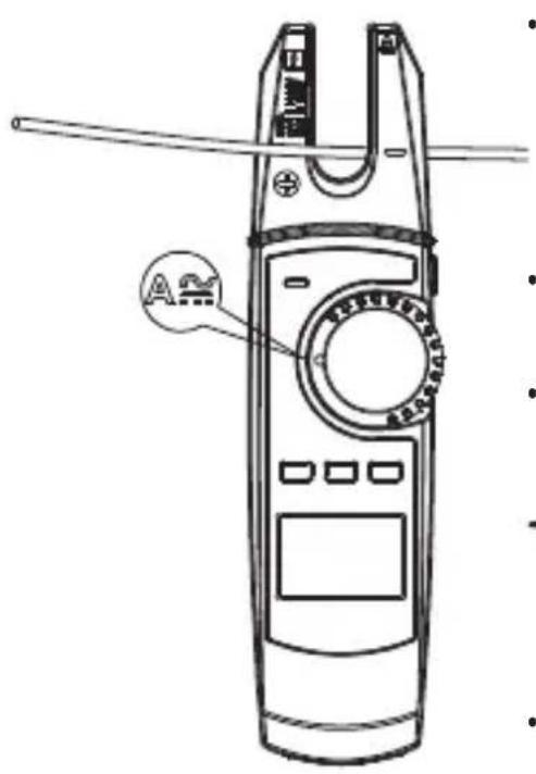 Technical line drawing of a handheld device with labeled parts and a circular annotation pointing to a component.
