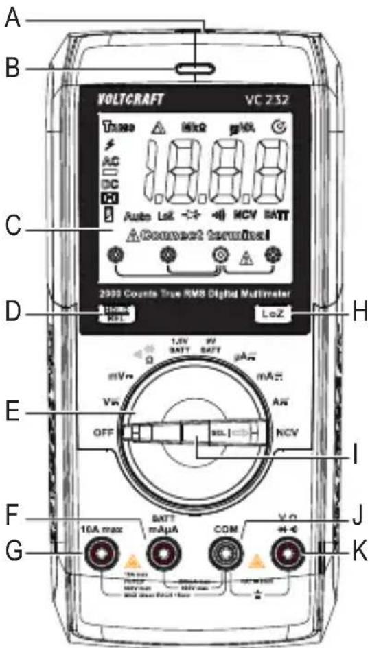 A B VOLTCAFT VC 232 Taco MkΩ pKΩ AC DC Auto Lck MCV BATT Connect circuit 2003 Counts True RMS Digital Multimeter 110mA MΩ LoZ H E mV mA VW AN OFF NCV I F G 10A max BATT mAµA COM VQ J K