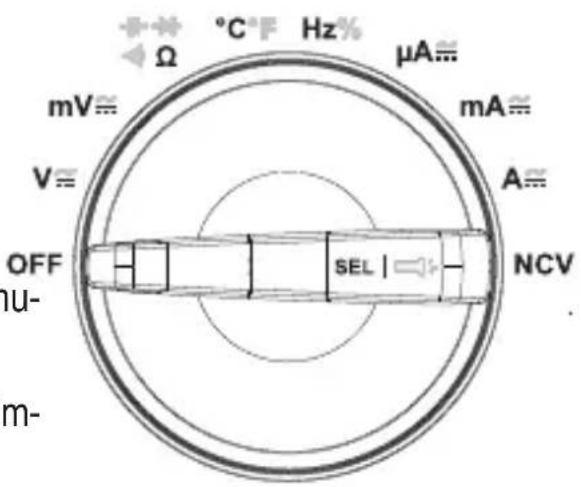 °C F Hz μA ≈ Ω mV ≈ mA ≈ V ≈ A ≈ OFF SEL | NCV nu- m-