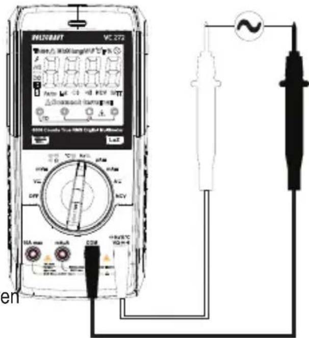PHLORANT VC 273 Where △ MΩK Angle/MP °C A B D O Factor L4 C1 +0 RCV SHT △ Reference Carbureg Uo A S 800 Current Source 1000 Digital Multimeter LeT VCC DC mA mA mA AC DCV OFF 10A max mA A CD8 +RRCY HQ-4 ~