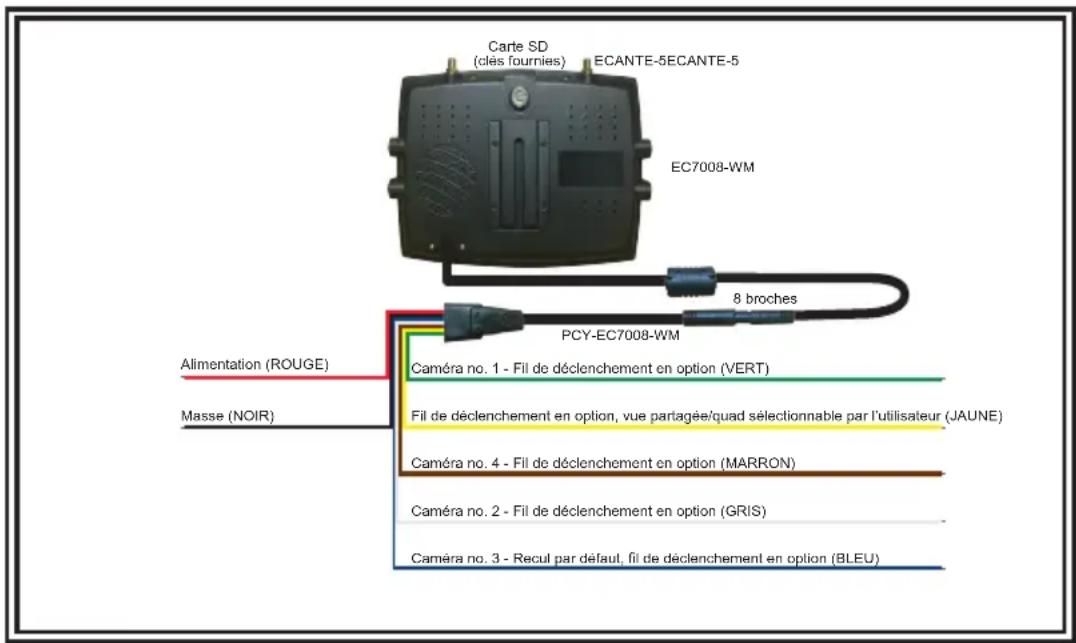 Carte SD (clés fournies) ECANTE-5ECANTE-5 EC7008-WM 8 broches PCY-EC7008-WM Alimentation (ROUGE) Masse (NOIR) Caméra no. 1 - Fil de déclenchement en option (VERT) Fil de déclenchement en option, vue partagée/quad sélectionnable par l'utilisateur (JAUNE) Caméra no. 4 - Fil de déclenchement en option (MARRON) Caméra no. 2 - Fil de déclenchement en option (GRIS) Caméra no. 3 - Recul par défaut, fil de déclenchement en option (BLEU)