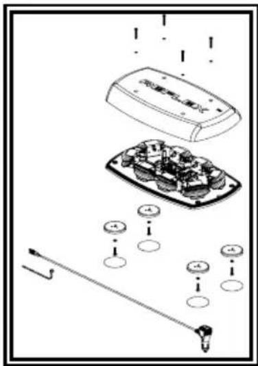 Technical diagram showing exploded view of a device with labeled components and directional arrows indicating assembly or inspection.