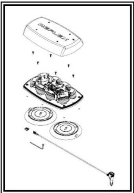 Exploded view diagram of a device with labeled components and directional arrows indicating assembly or inspection.