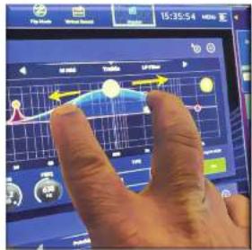 Hand interacting with a digital audio workstation interface showing waveform, time, and signal controls