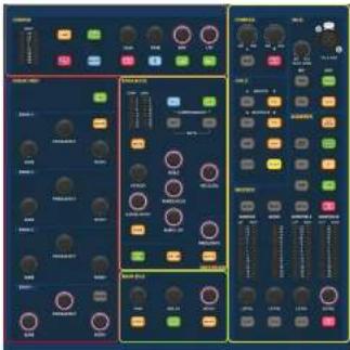 Control panel interface with multiple function blocks and labeled buttons, showing various signal paths and control signals.