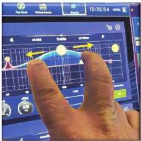 Hand interacting with a digital dashboard displaying a graph, time, and control buttons with arrows indicating direction or flow.