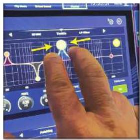 Hand interacting with a digital interface displaying a graph, control buttons, and a hand gesture pointing to a central node.