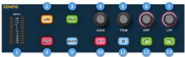 CONFIG INPUT +3M -10V +10V -20V -25V -30V -35V -40V -45V -50V -55V -60V -65V -70V -75V -80V -85V -90V -95V -100V LINK TALK GAIN TRIM HPF LPF DIR MUTE INSERT 48 V Ø ✓ ↘ 1 8 9 10 11 12 13