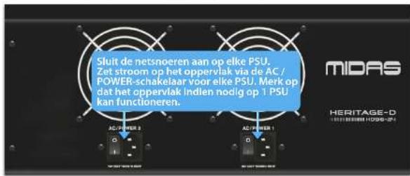 Sluit de netsnoeren aan op elke PSU. Zet stroom op het oppervlak via de AC / POWER-schakelaar voor elke PSU. Merk op dat het oppervlak Indien nodig op 1 PSU kan functioneren.