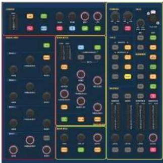 Control panel interface with multiple function blocks and labeled buttons, showing various signal paths and control signals.