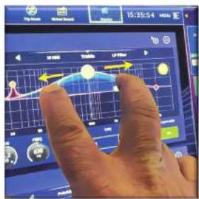 Hand interacting with a digital dashboard displaying a graph, time, and control buttons
