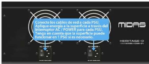 Conecte los cables de red a cada PSU, Aplique energía a la superficie a través del Interruptor AC / POWER para cada PSU, Tenga en cuenta que la superficie puede funcionar en 1 PSU si es necesario. MIDAS HERITAGE-D 2019 ENEREM HOSO-04
