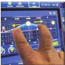 Hand interacting with a digital dashboard displaying a line chart, arrows, and status indicators