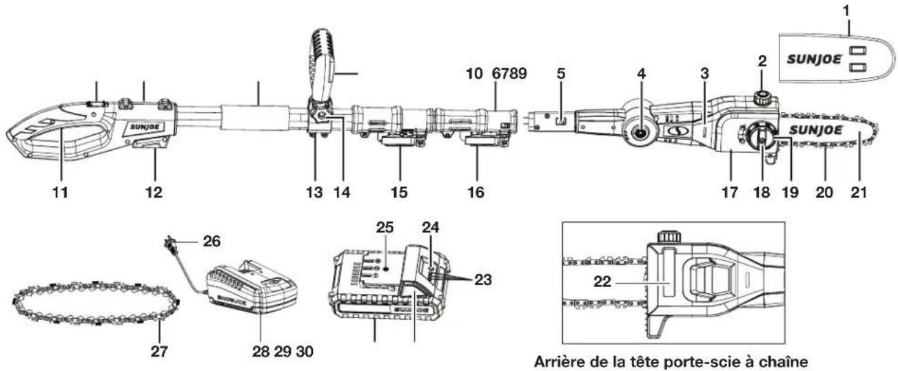 Sun Joe 24VPS8CMAXLTE - Apprenez à mieux connaître votre scie à chaîne à manche télescopique sans cordon - 1