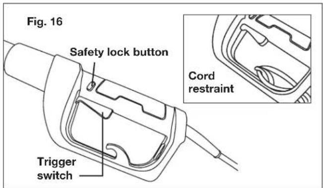 Fig. 16 Safety lock button Trigger switch Cord restraint