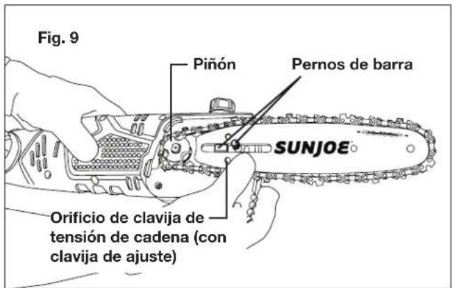 Fig. 9 Piñón Pernos de barra SUNJOE Orificio de clavija de tensión de cadena (con clavija de ajuste)