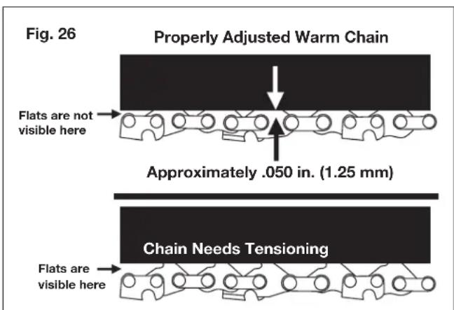 Fig. 26 Properly Adjusted Warm Chain Flats are not visible here Approximately .050 in. (1.25 mm) Chain Needs Tensioning Flats are visible here