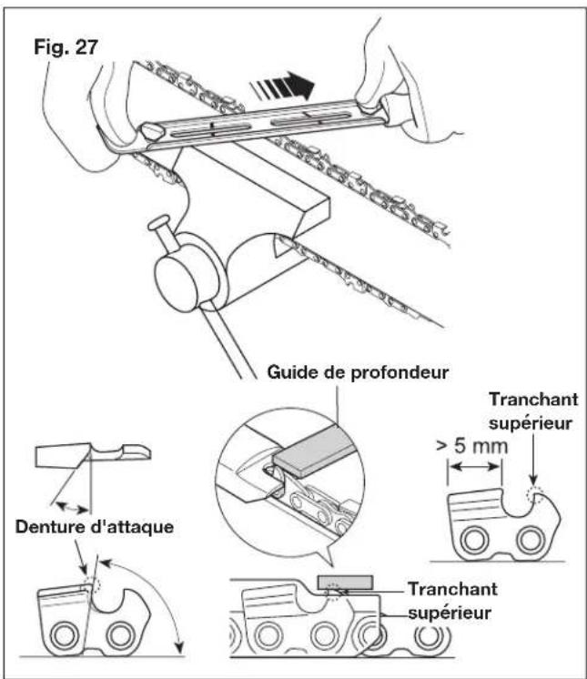 Fig. 27 Guide de profondeur Denture d'attaque Tranchant supérieur > 5 mm Tranchant supérieur