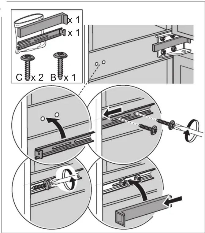 Technical diagram illustrating screw assembly steps with labeled components and directional arrows indicating motion