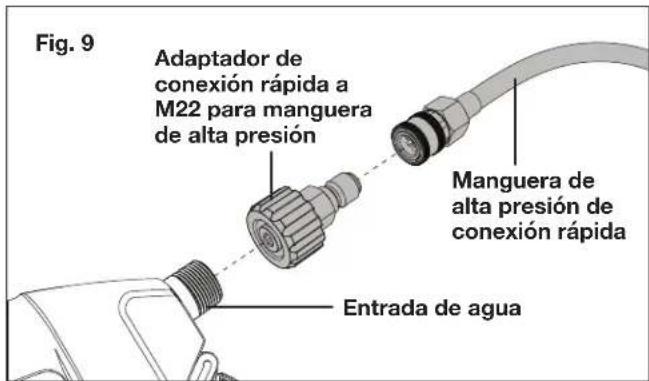 Fig. 9 Adaptador de conexión rápida a M22 para manguera de alta presión Manguera de alta presión de conexión rápida Entrada de agua
