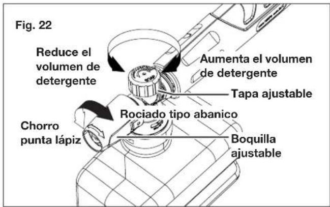 Fig. 22 Reduce el volumen de detergente Aumenta el volumen de detergente Tapa ajustable Chorro punta lápiz Rociado tipo abanico Boquilla ajustable