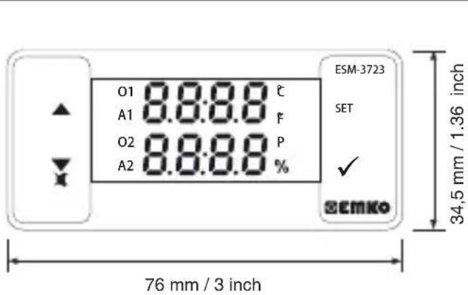 Emko ESM3723 - Front View and Dimensions of ESM-3723 Temperature Controller - 1