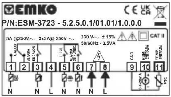 Emko ESM3723 - Etiqueta del dispositivo y diagrama de conexión - 1