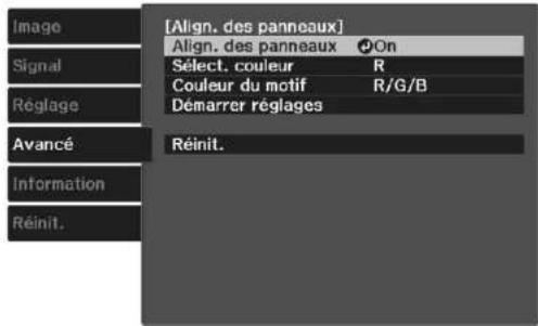 [Align. des panneaux] Align. des panneaux On Sélect. couleur R Couleur du motif R/G/B Démarrer réglages Avancé Réinit. Information Réinit.