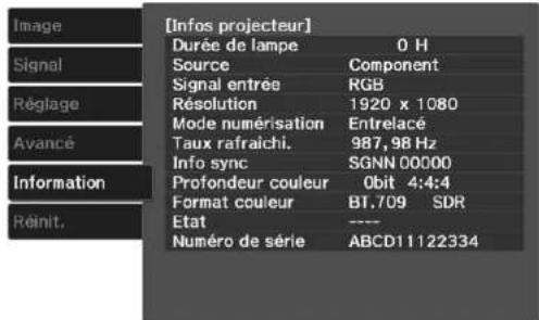 [Infos projecteur] Durée de lampe 0 H Source Component Signal entrée RGB Résolution 1920 x 1080 Mode numérisation Entrelacé Taux rafraichi. 987, 98 Hz Info sync SGNN 00000 Profondeur couleur Obit 4:4:4 Format couleur BT.709 SDR Etat ---- Numéro de série ABCD11122334