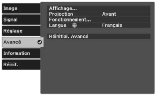 Image Signal Réglage Avancé Information Réinit. Affichage... Projection Avant Fonctionnement... Langue Français Réinitial. Avancé