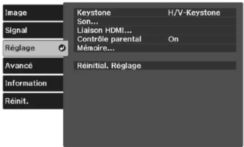 Image Signal Réglage Avancé Information Réinit. Keystone H/V-Keystone Son... Liaison HDMI... Contrôle parental On Mémoire... Réinitial. Réglage